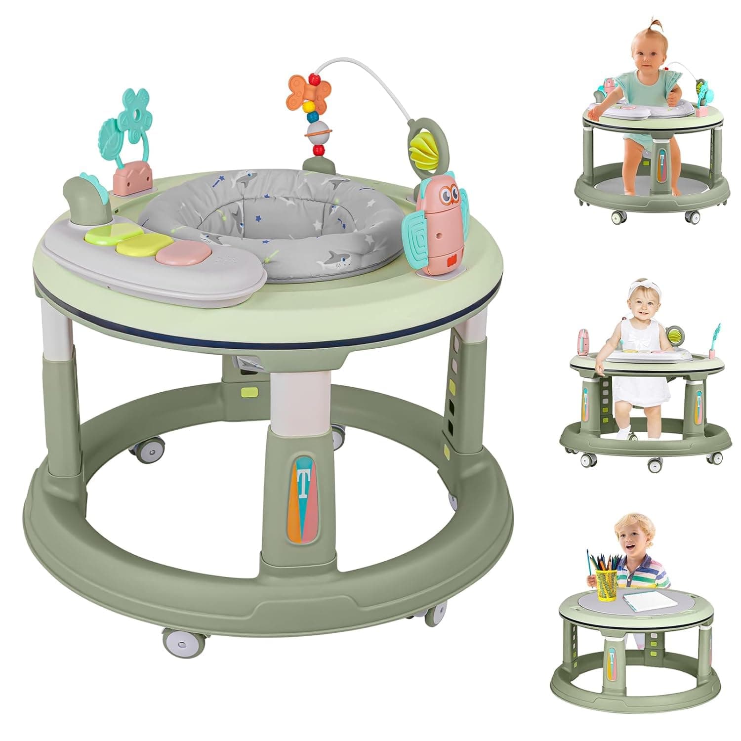 3 in 1 Baby Walker with 5 Adjustable Heights, Baby Walkers and Activity Center for Boys Girls Babies 6-12 Months, Features 360 Degree Swivel Seat, Music, Detachable Toys, Bounce Foot pad (green)