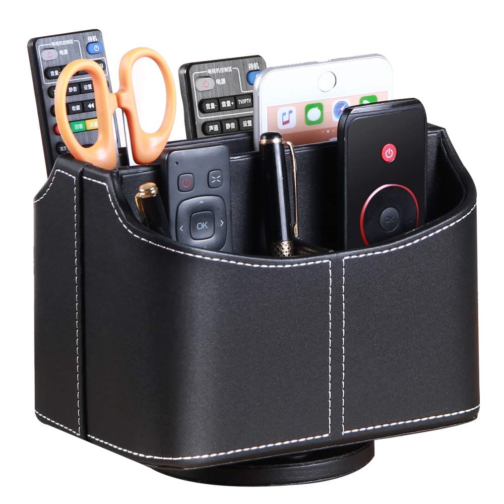 PUSU PU Leather 360°Rotatable Remote Control Holder,Nightstand TV Remote Holder,Office Supplies Desktop Organizer,Spinning Storage Box for Pen,Mail,Phone,DVD, Blu-Ray, Media Player, Heater Controllers