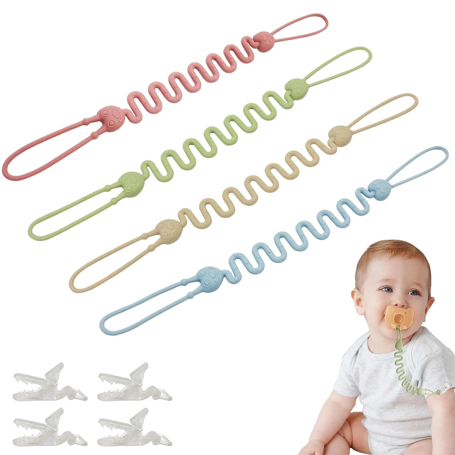 ToolHouse 4-Pack Silicone Pacifier Clips - Integrated One-Piece Anti-Drop Design, Baby Pacifier Holder Suitable for Newborn Boys and Girls for Stroller High Chair Car Seat Clips, Stroller Accessories