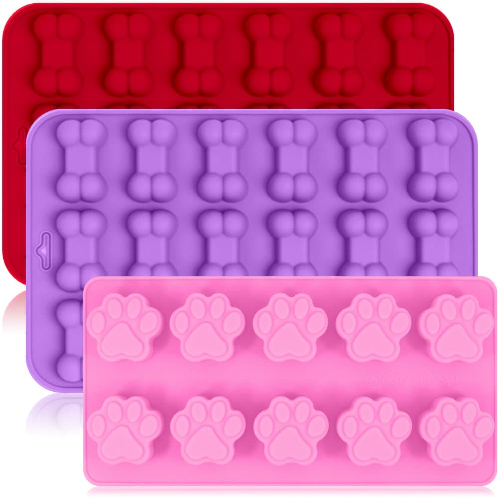 FineGood KH 3 Pack Silicone Ice Molds Trays with Puppy Dog Paw and Bone Shape, Reusable Bakeware Maker for Baking Chocolate Candy, Oven Microwave Freezer Dishwasher Safe