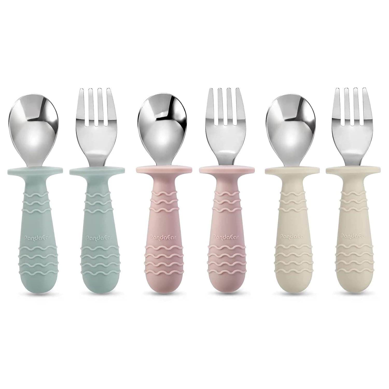 PandaEar 6 Pieces Baby Toddler Silicone Stainless Steel Utensils Silverware Spoon Fork for Baby Toddler BPA Free with Silicone Holding Anti-Choke Design