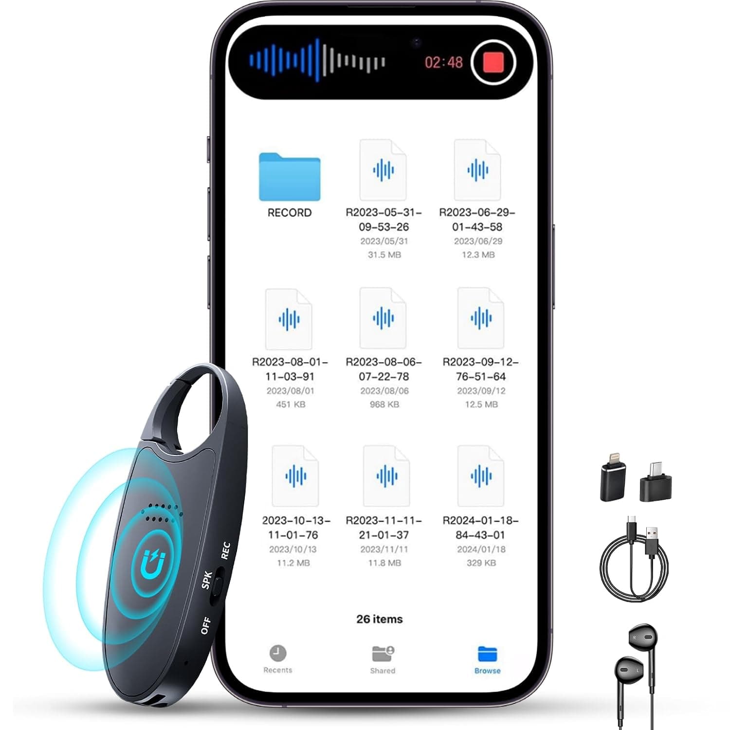 64GB Digital Voice Activated Recorder with Playback, 4-in-1 Mini Portable Audio Recorder with AI Noise Cancelling, Voice Magnetic Device for Lectures, Meetings