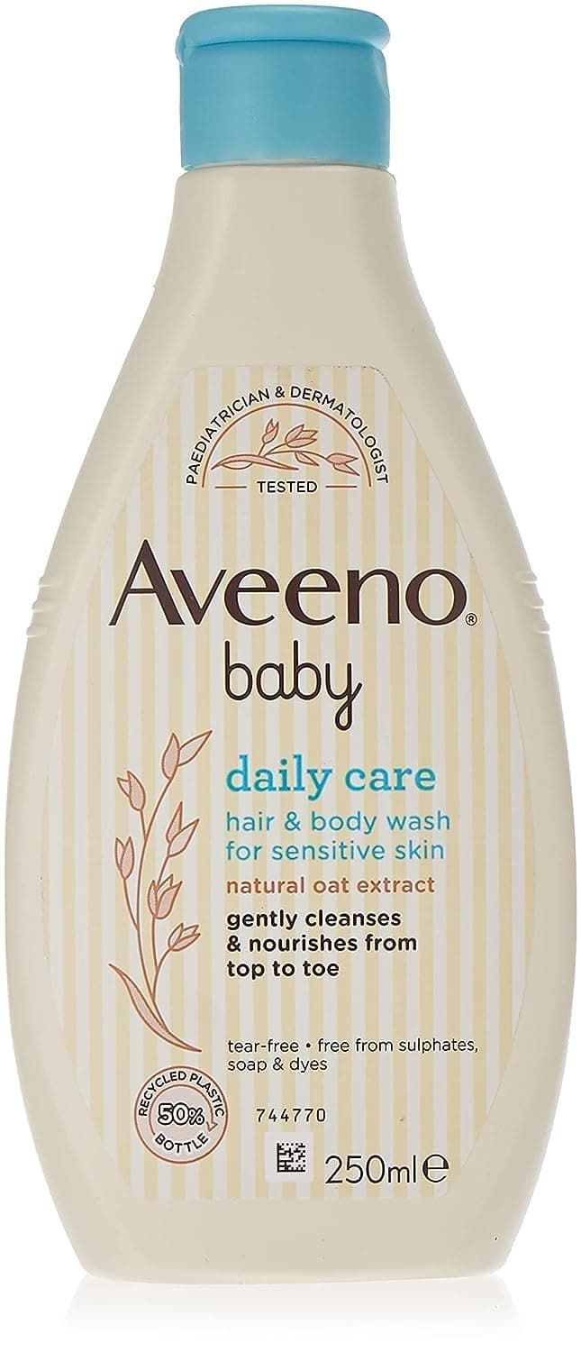 Aveeno Baby Daily Care Hair & Body Wash, 250ml, Baby Wash for Sensitive Skin, Natural Oat Extract, Gentle Fragrance, Sulfate Free, Soap and Dye Free, pH Balanced, Delicate and Moisturizing Cleanse