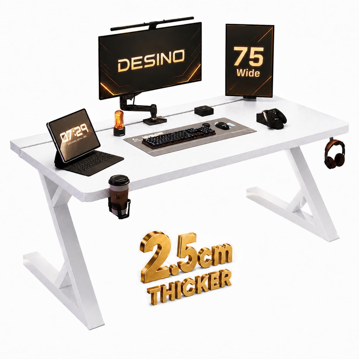 DESINO Gaming Table 160cm Carbon Fiber Computer Table, Large PC Gaming Desk with Rotatable Split Desktop, 120KG Capacity, Thick Steel Frame, Cable Management Tray for Home Office & Gaming Setup