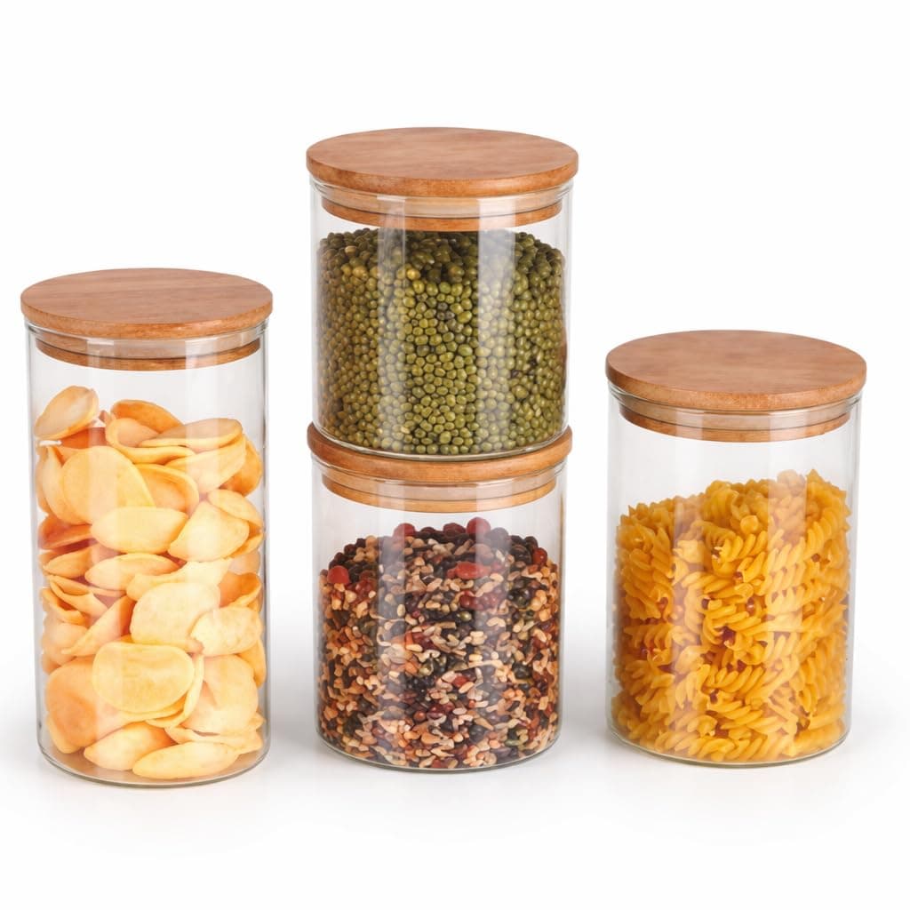 4Pcs Kitchen Glass Jar Containers Set Storage Air Tight for Storage food Nuts and Food Different Sizes with Beech Wood Lid