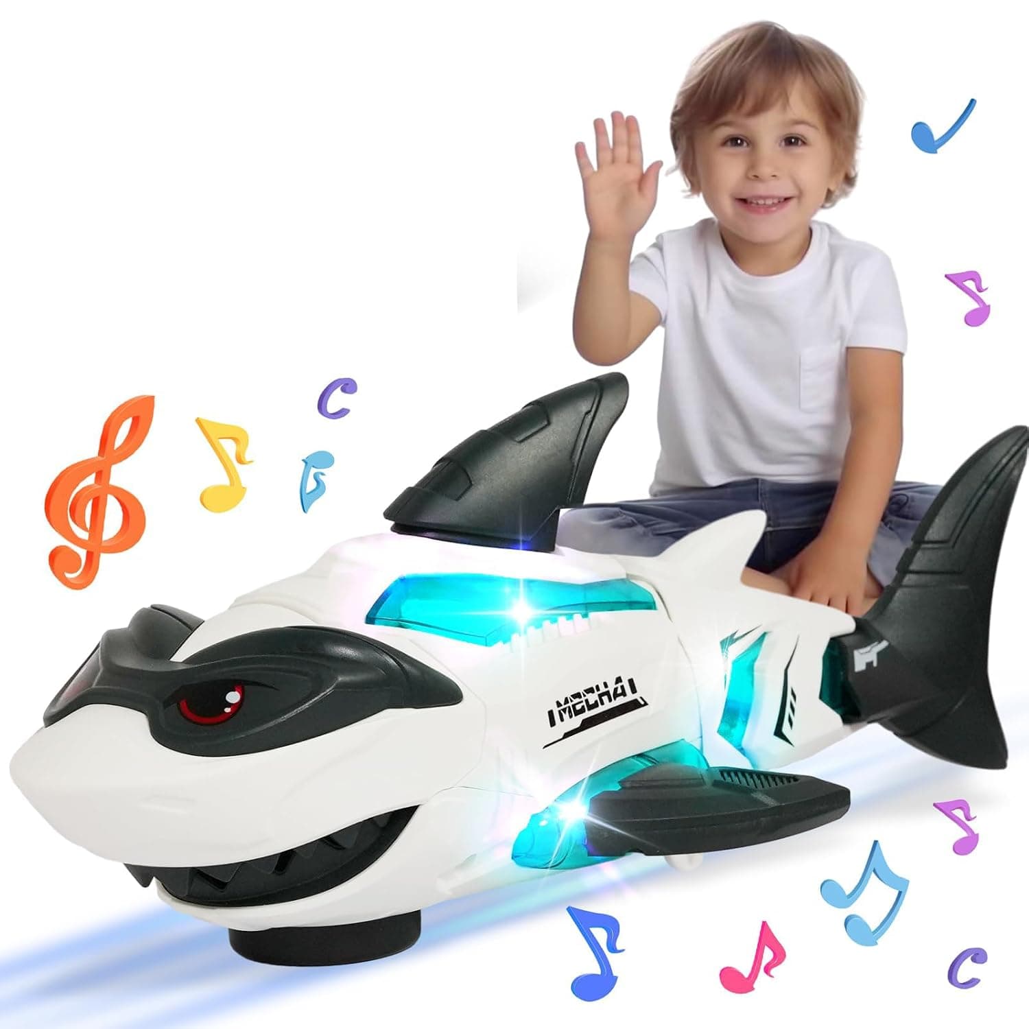 Baby Shark Toy, Baby Toys, Transparent Shark Toy With Light and Music, Electric Mechanical Gear Toy for Boys Girls Toddler Gifts for 1 2 3 Year Old, White and Black