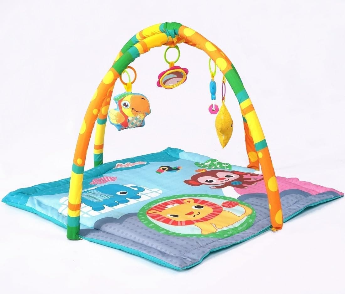 Baybee Baby Play Gym Mat for Babies, Cartoon Animal Baby Play Mat with Soft Cross Over Hanging Baby Toys and Cushion, Baby Bedding for Newborn Baby Playpen for Crawling Babies 0 to 12 Months