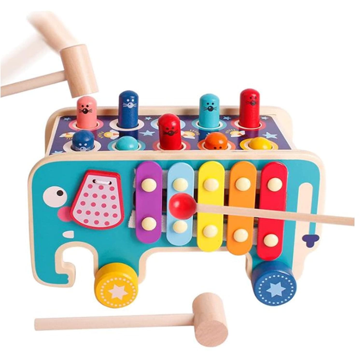 Soofam Wooden Hammering and Pounding Toys with 2 Mallets & 1 Drumstick,Peg Pounding Bench, Elephant Gopher Toy, Tap Bench Hit Mole Hamster Game, Educational Wooden Toy Gift for Baby Toddlers