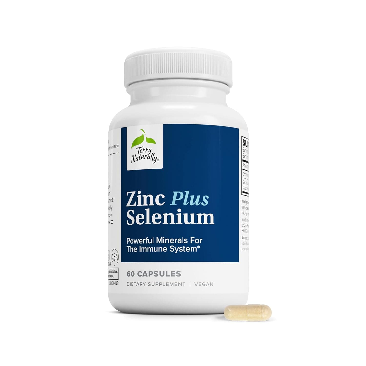 Terry Naturally Zinc Plus Selenium - 60 Capsules - Immune Support, Respiratory Function, Cellular Protection - Non-GMO, Vegan - 60 Servings | Immune Function, Respiratory Health and Antioxidant Support. 60 capsules.