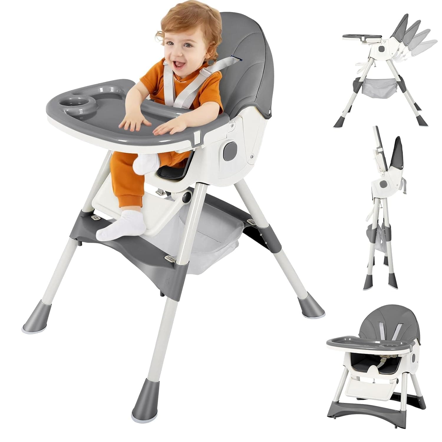 Bentifar High Chair for Babies and Toddlers, Foldable Baby High Chair with Adjustable Backrest, Double Removable Tray, Supports Up to 50KG, Easy to Clean (Gray)