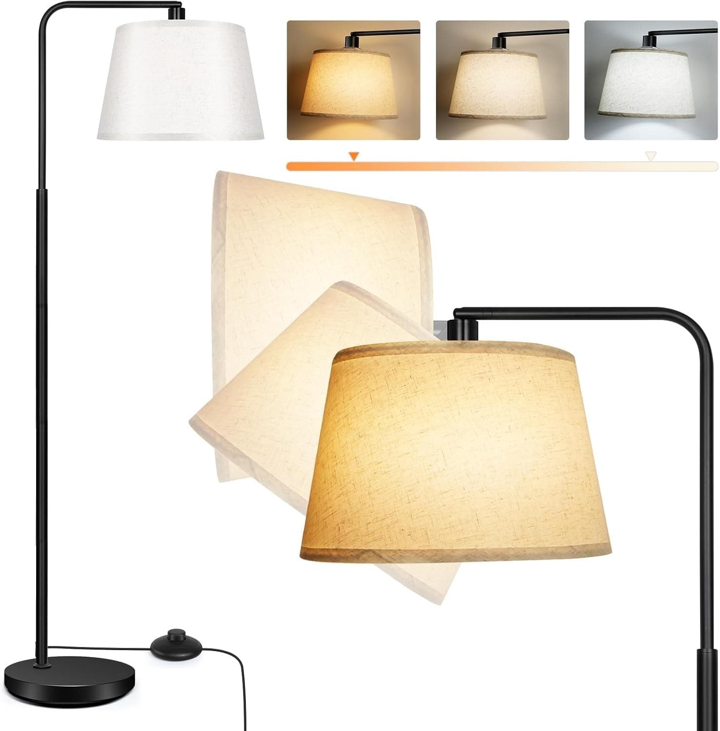 ابجورات غرف معيشه Dimmable Floor Lamp,Arc Floor Lamps with 12W LED Bulb Included,Tall Lamp with 3 Color Temperatures,Modern Standing Lamp with Linen Shade for Living Room Office