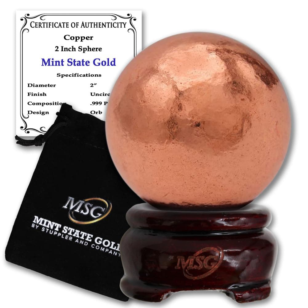 MINT STATE GOLD Copper Ball Paperweight with Wooden Base | 2" (50.8 mm - 1.29 lb) 99.9% Pure Solid Sphere with Certificate of Authenticity | with Certificate of Authenticity by Mint State Gold