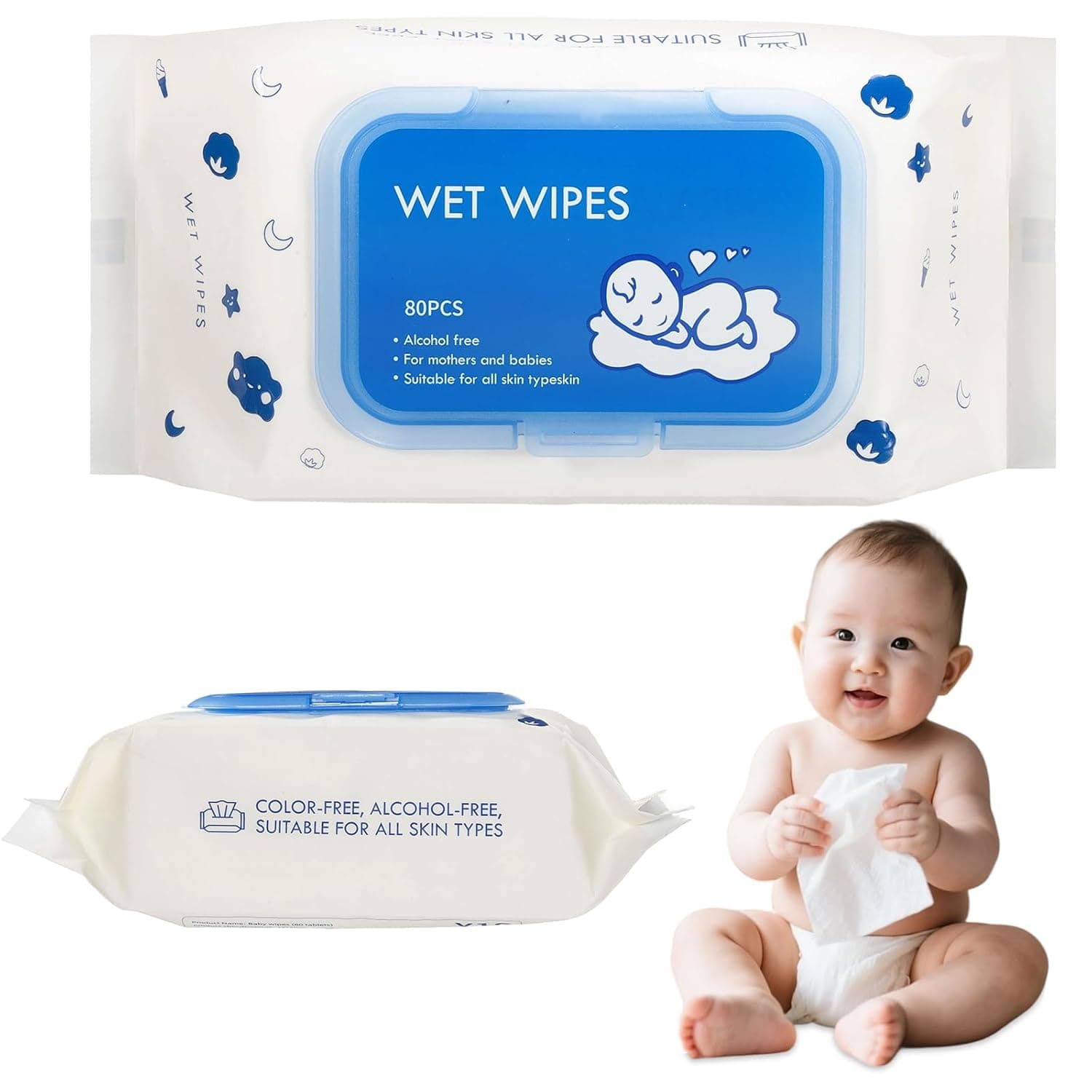 SKY-TOUCH Pure Baby Wipes, 99% Pure Water Wipes, Hypoallergenic, Alcohol & Fragrance Free, Ultra Soft & Gentle for Sensitive & Delicate Skin, 1 Pouche X 80 Sheets, 80 Wipes, White