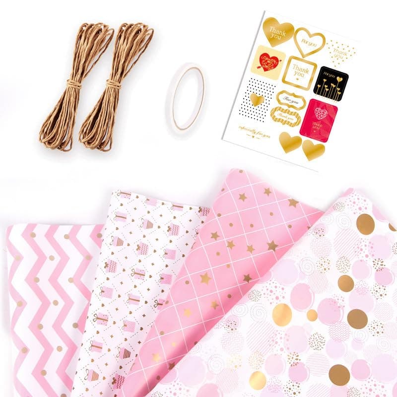 ALMEKAQUZ Pink Gift Wrapping Paper, 4 Styles of Gift Wrapping Paper, Soft Pink Patterned Wrapping Paper Set, Suitable for Birthday Parties, Weddings, Valentine's Day (45 X 300 Cm)