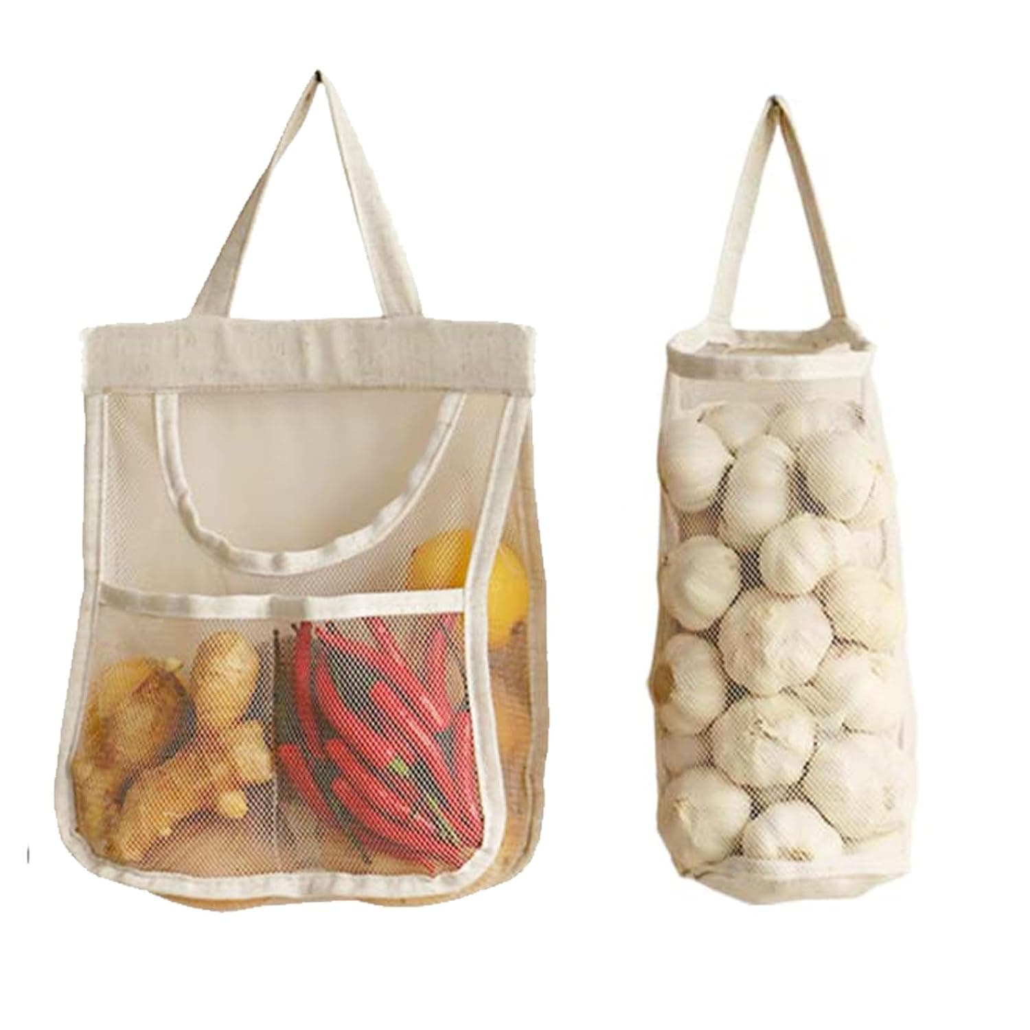 2-Pack Cotton Linen Mesh Hanging Storage Bags – Wall-Mounted Vegetable Storage Net for Kitchen, Hanging Onion & Garlic Bag, Bathroom Storage (S+L).