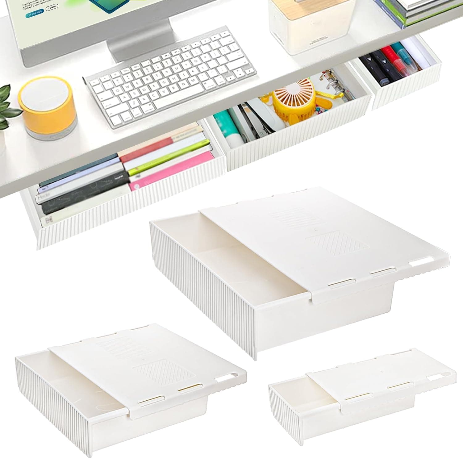 3 Pack Under Desk Drawer Slide Out, Self-Adhesive Under Table Drawer, Hidden Attachable Under Desk Storage Drawers, High Quality PP, Stick on Drawers for Office, Home, School,Keep clean tidy(3 Sizes)
