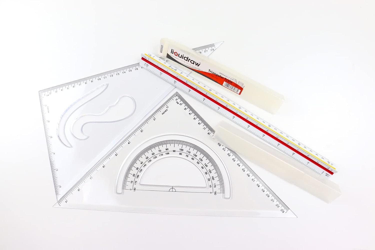 Liquidraw Geometry Set – 3 Piece | 45° & 60° Set Squares, 30 cm Triangular Scale Ruler | Professional Tool | Architects, Engineers, Draughtsmen & Students | Clear Durable Plastic | Measuring & Drawing