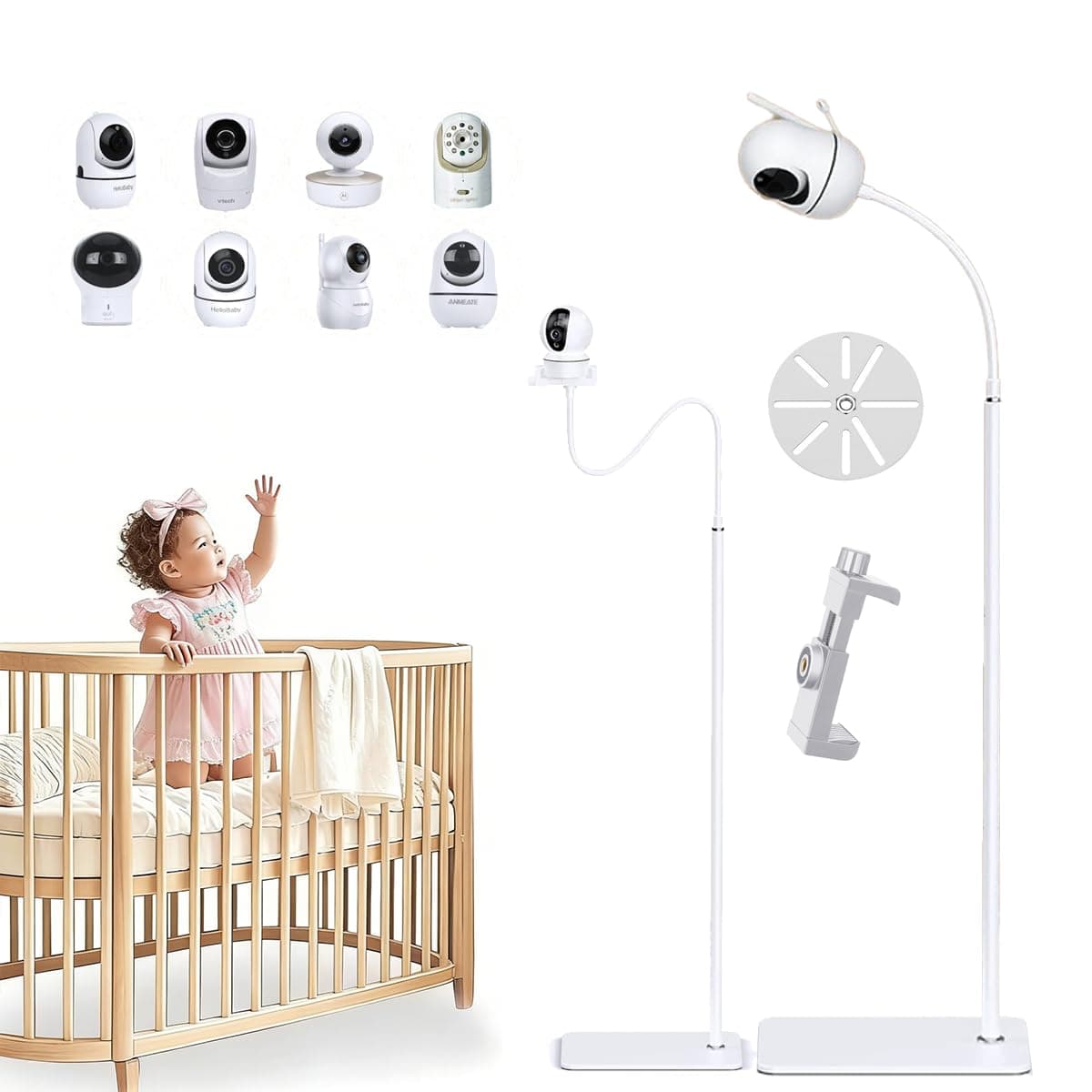 Baby Monitor Floor Stand 170cm Adjustable Height Holder Mount with 1/4 Screw Hole and Clamp, Universal Baby Camera Stand Mount Compatible with HelloBaby Eufy Nanit Pro Vtech, Eufy Motorola Baby Camera