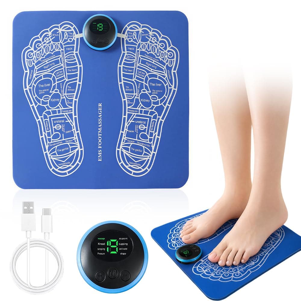 EMS Foot Massager, Electric Foot Massager Mat, Electric Foot Spa Mat with 8 Modes, 19 Intensity Levels, LCD Display for Pain Relief, Circulation and Muscle Relaxation, Blue