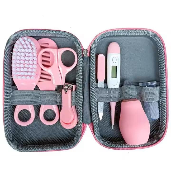 8-Piece Baby Set Grooming Kit, with Travel Case, Nail Care and Hair Brush Tools, Pink/Grey