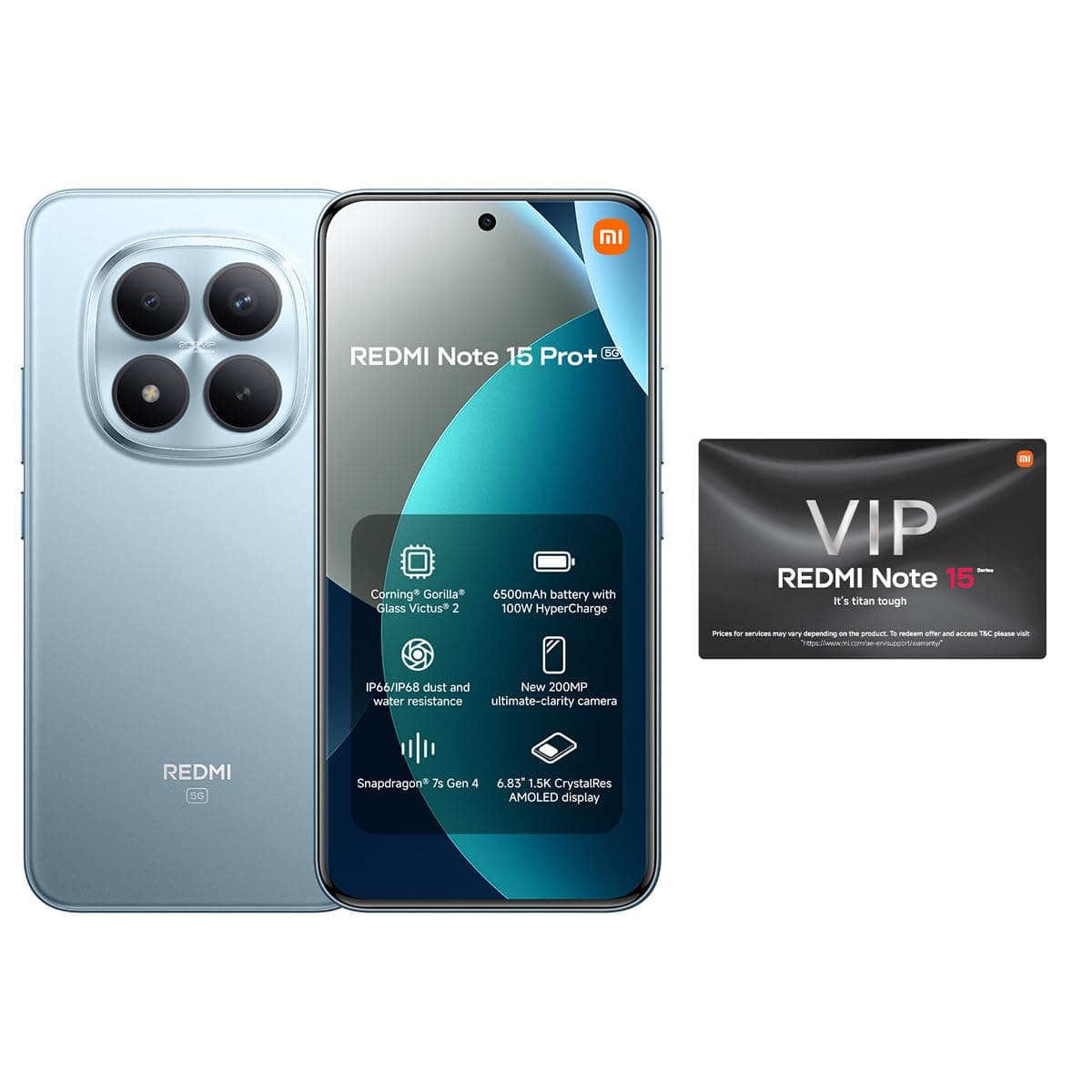 Redmi Note 15 Pro+ 5G (12GB RAM, 512GB Storage), 200MP Camera, 6500mAh Battery, 100W HyperCharge, 6.83" 1.5K AMOLED Display, IP68, Glacier Blue, UAE Warranty
