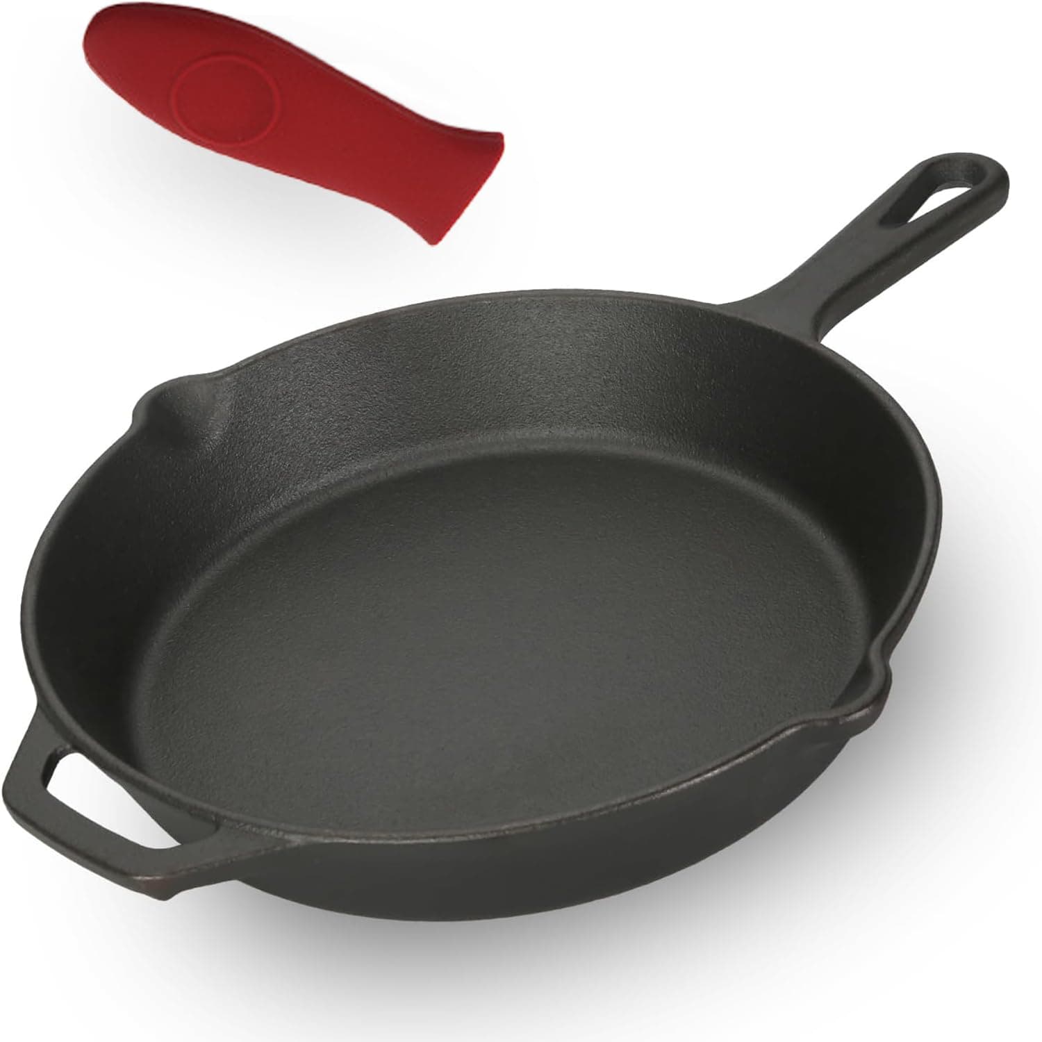 30 cm Cast Iron Skillet with Red Silicone Hot Handle Holder – Pre-Seasoned Frying Pan for Stove, Oven, Grill & Campfire,Durable, Nonstick Cast Iron Cookware – Black