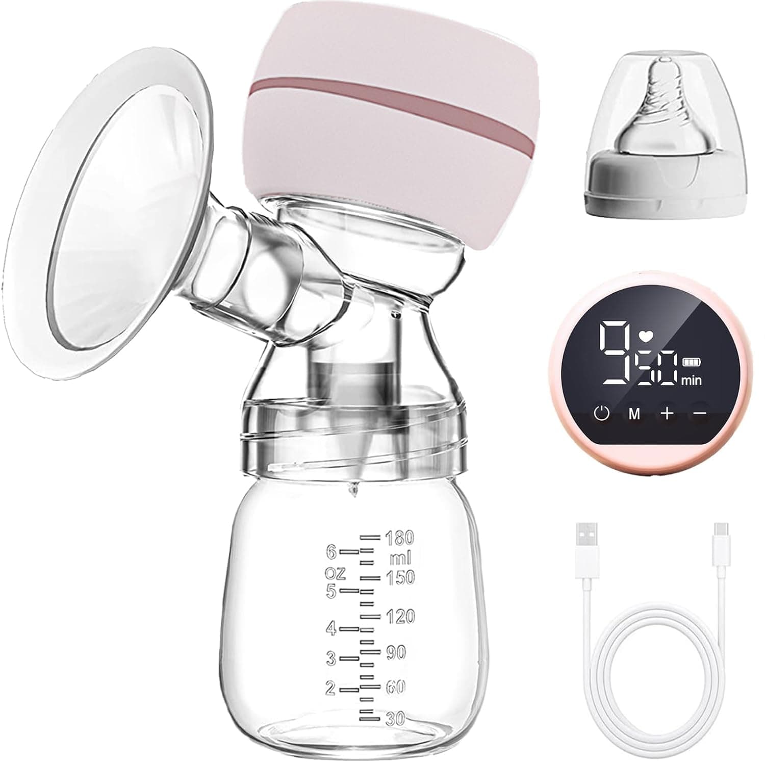 DMG Electric Breast Pump, Portable Breast Pump, Touch Control LED Display Electric Breast Pump Portable Low Noise, 2 Modes and 9 Levels of Suction Power, BPA Free, with 180ML Bottle and Nipple