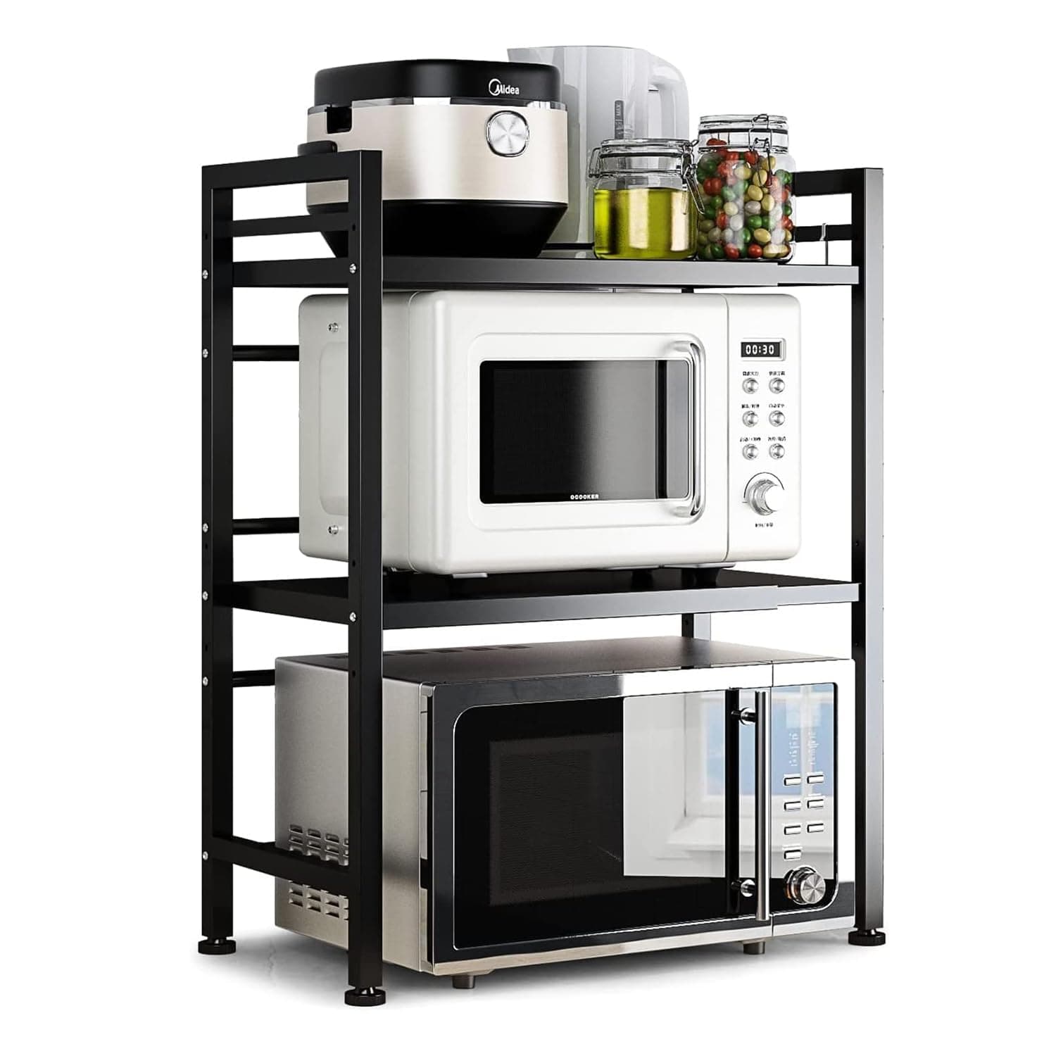 Microwave Oven Rack, Expandable Microwave Stand Countertop Kitchen Utensils Tableware Storage, Carbon Steel Over Microwave Shelf Countertop with 6 Hooks (3 Tier/Black)
