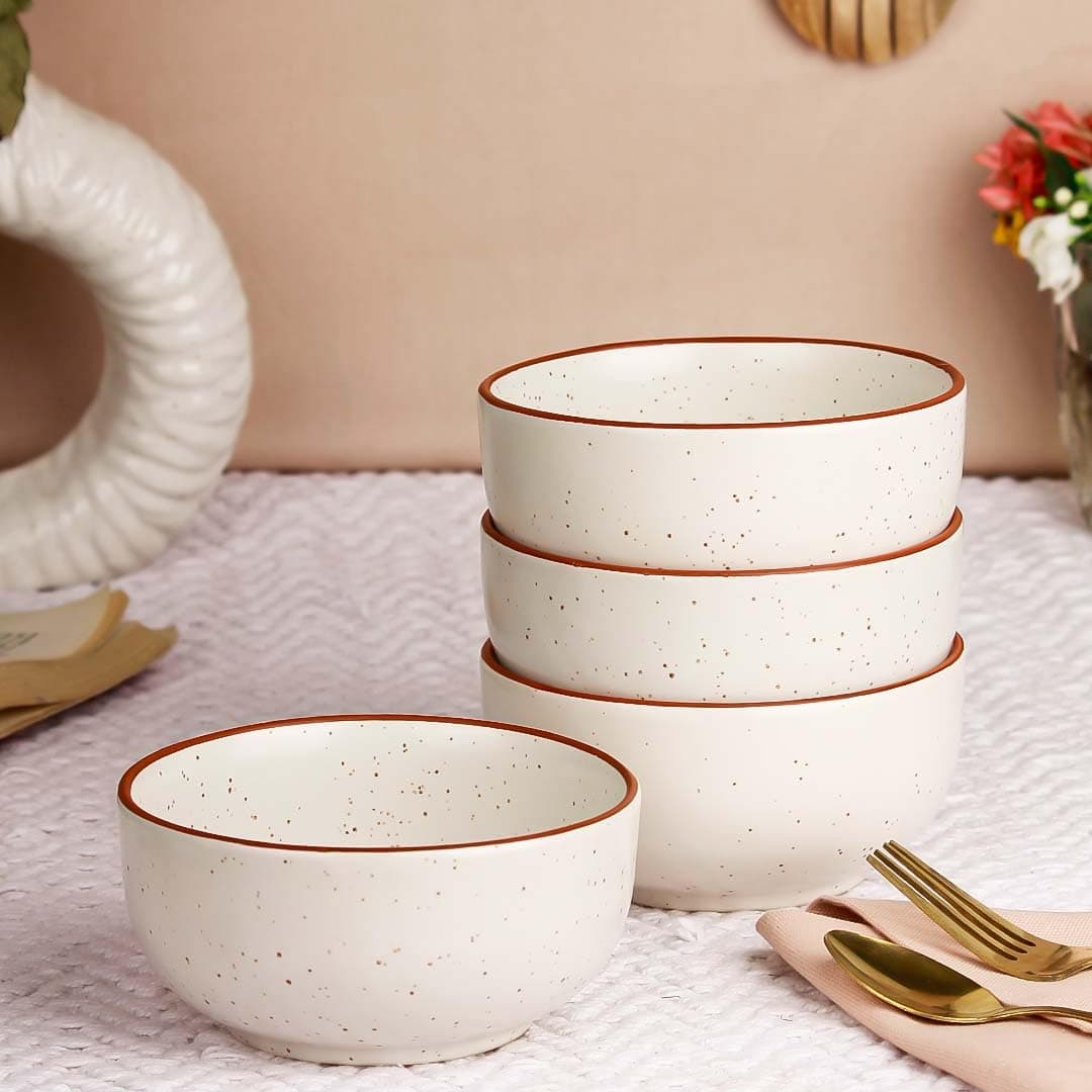 The Earth Store White Marble 500ML Ceramic Bowl Dishwasher & Microwave Safe Bowl Mixing Bowl for Snacks, Pasta, Rice, Dal, Fruits, Salad, Noodles, Maggi and More Snack Bowl- Set of 4