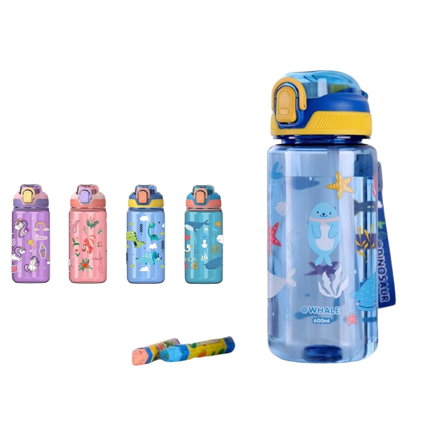 Kids Water Bottle for School or Travel, 600ml Durable Plastic Water Bottle with Silicone Straw and Pop-Up Spout Cover, BPA Free & Dishwasher Safe, Sport Bottle for Girls Boys (Blue)
