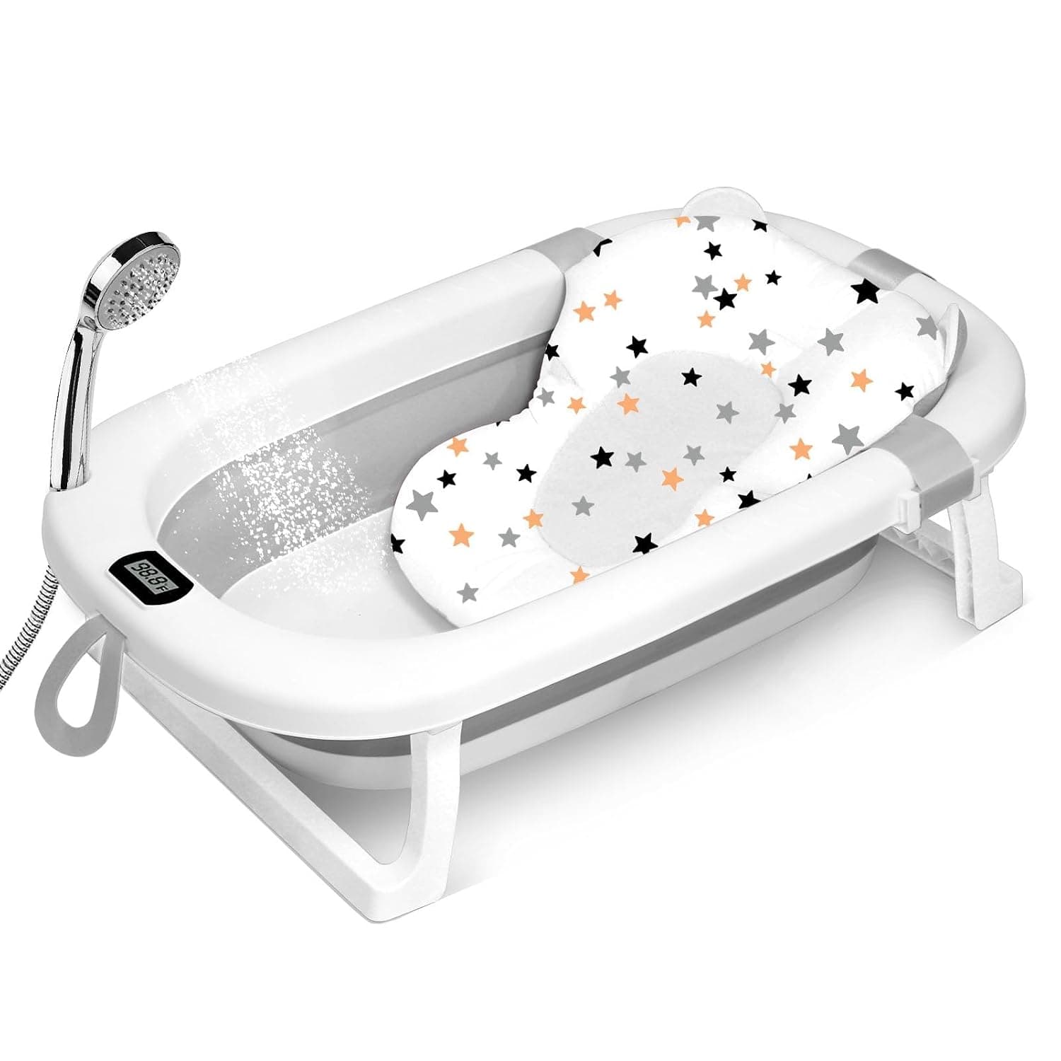 SKY-TOUCH Baby Foldable Bathing Tubs with Soft Bathmat Cushion & Thermometer, NewBorn Babybath Tub with Drain Hole, Non-Slip Support Leg for 0-6 Years Boy Girl (Grey)