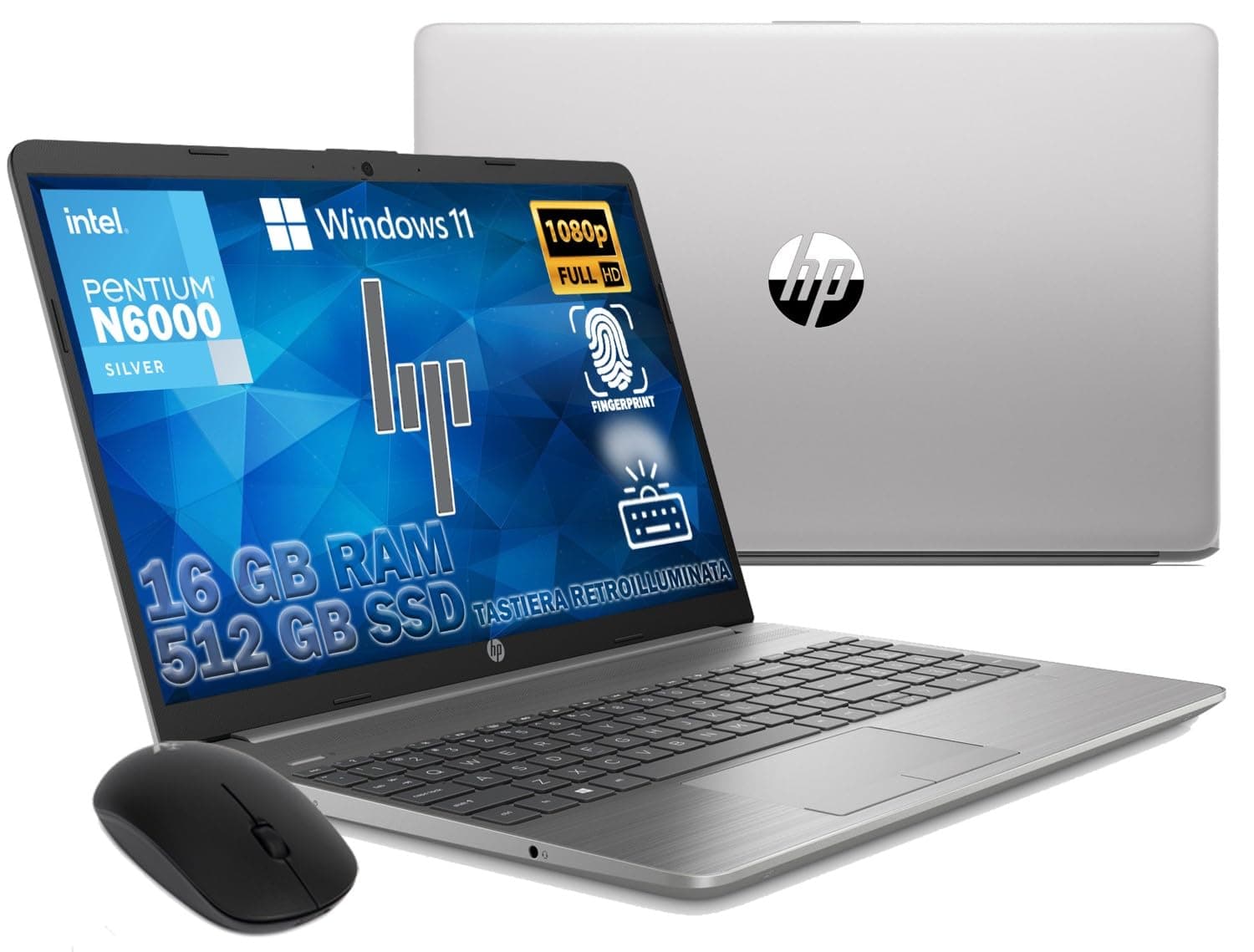 HP 250 G9 Notebook 2024 Ultra Quiet, RAM 16GB, SSD 512GB, FullHD 15.6" Display, Intel N6000 4 Core 3.3 GHz, Backlit Keyboard, Touch Id, Win 11 Pro, Libre Office, Ready to Use