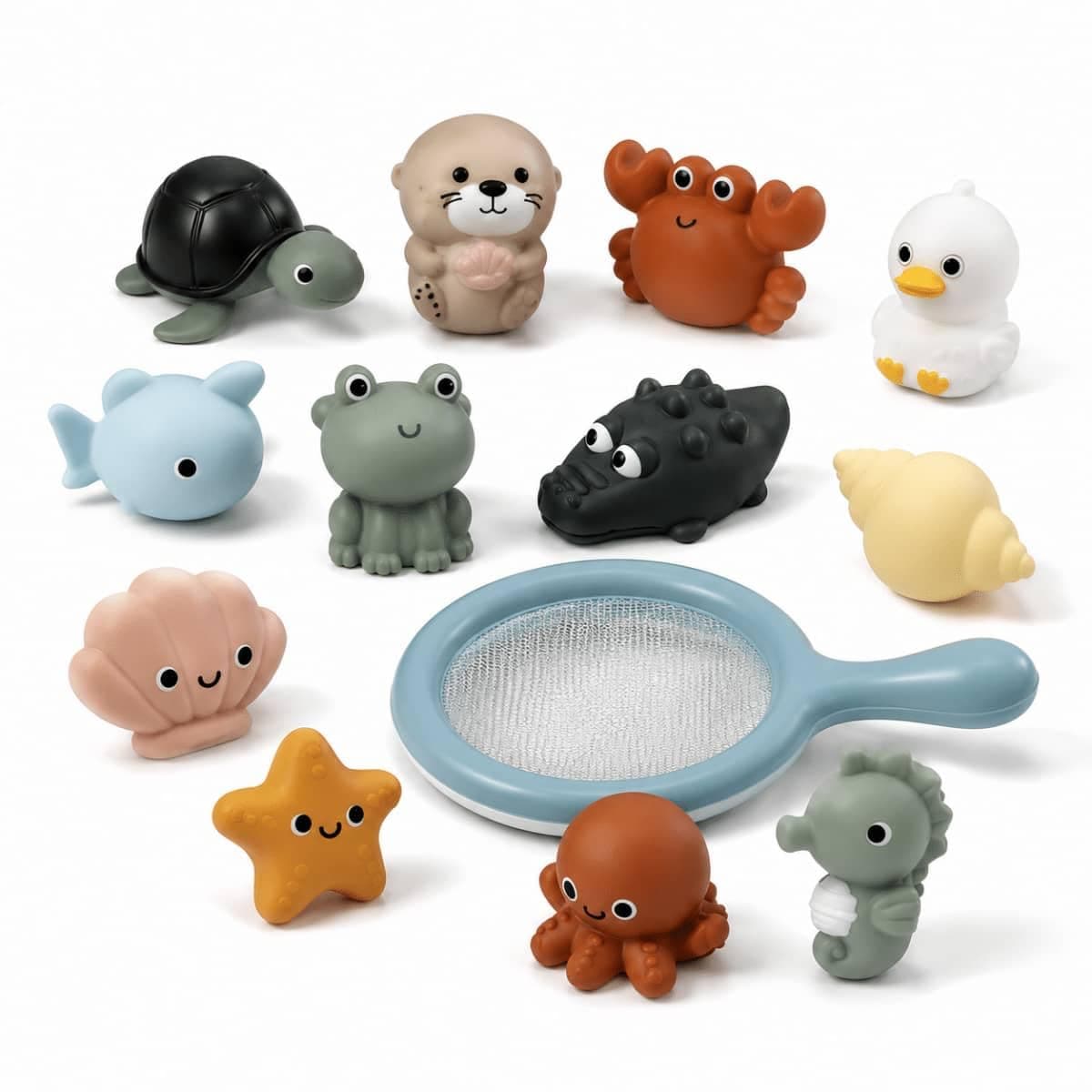 Mold-Free Baby Bath Toys, Fully Sealed No-Hole Floating Ocean Set with Shark Fishing Net, BPA-Free Certified Toys for Toddlers 6 Months & Up (Fishing Net & 12 Pcs Fully Sealed Bath Animals)