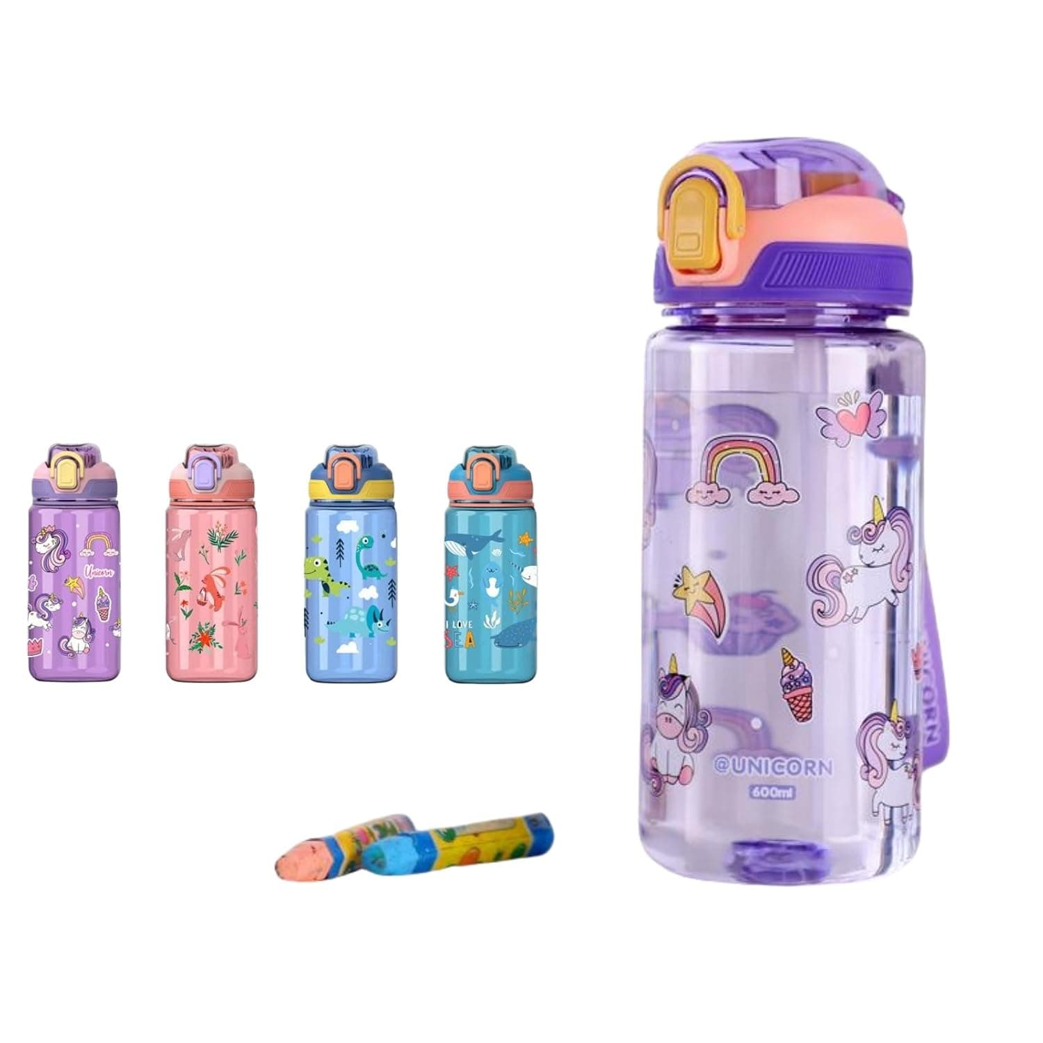 Kids Water Bottle for School or Travel, 600ml Durable Plastic Water Bottle with Silicone Straw and Pop-Up Spout Cover, BPA Free & Dishwasher Safe, Sport Bottle for Girls Boys (Purple)