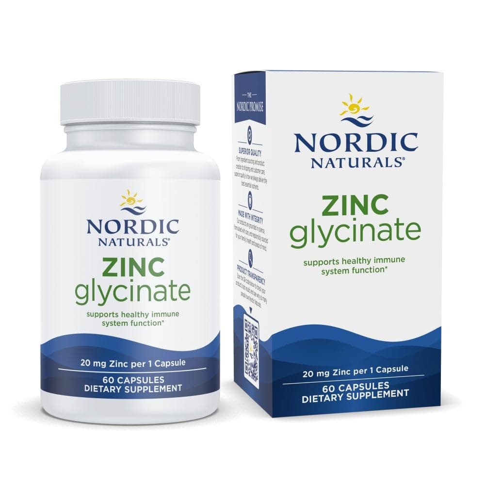 Nordic Naturals Zinc Glycinate - 60 Capsules - 20 mg Highly Absorbable Zinc Glycinate - Optimal Wellness - Non-GMO, Gluten Free, Vegan - 30 Servings | Highly absorbable zinc glycinate supports immune health & optimal wellness. Non-GMO, gluten-free, vegan. 60 servings.