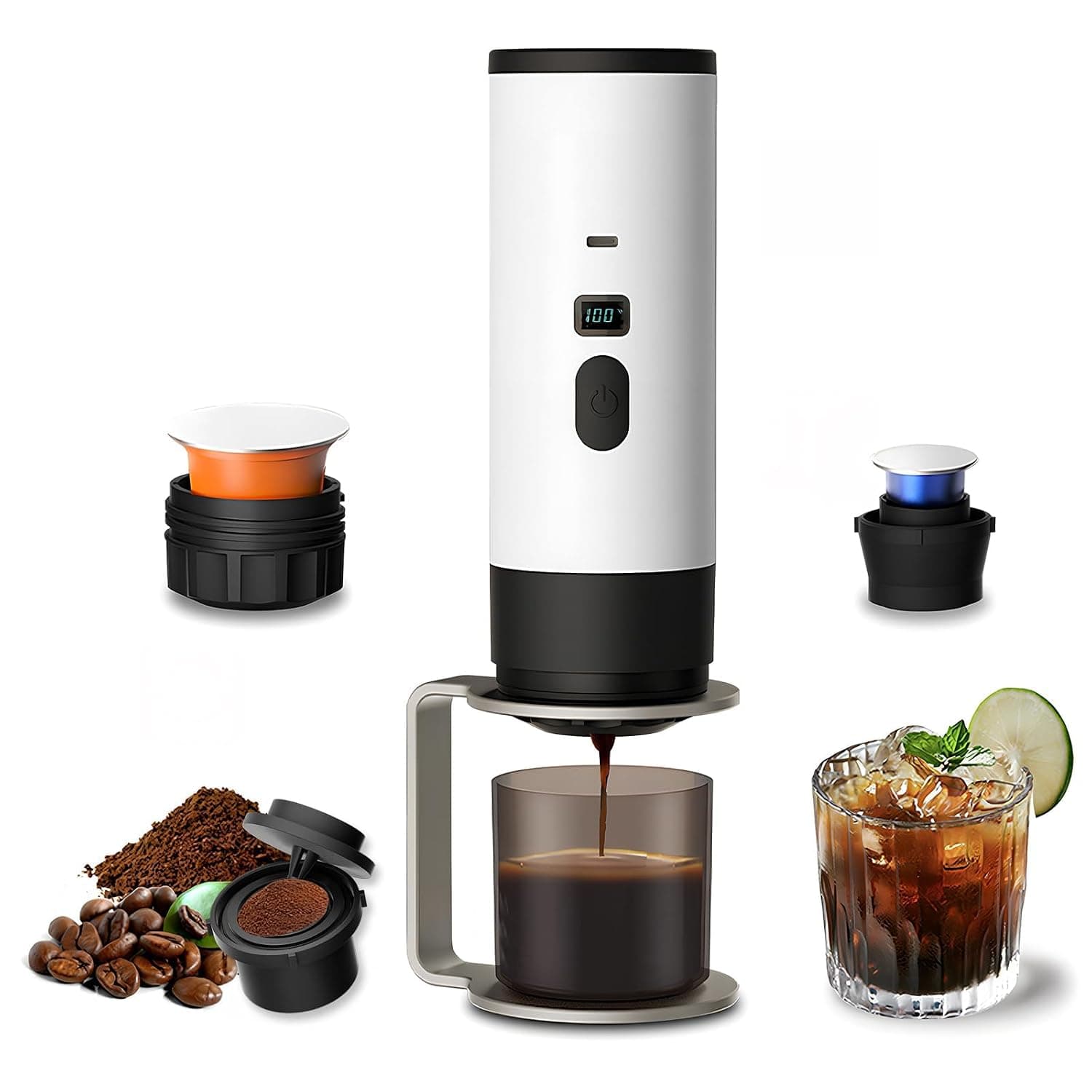 3-in-1 Portable Self-Heating Coffee Maker (White) – Mini Espresso Machine for Travel | Compatible with NS/DG Pods & Ground Coffee, USB-C Charging, Metal Stand Included (Camping, Car, Hiking)