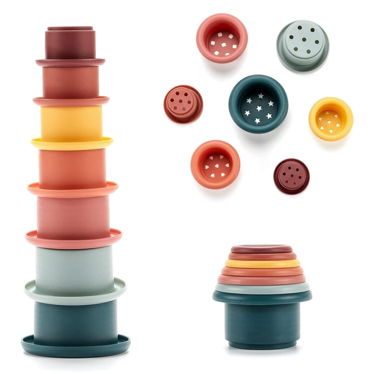 Joyzzz Stacking Cups, 7 Pcs Soft Silicone Nesting Blocks Toy, Colorful Sorting Stacking Cups with Holes, Montessori Sensory Educational Play for Infants 6 Months+, Safe Bath Toy