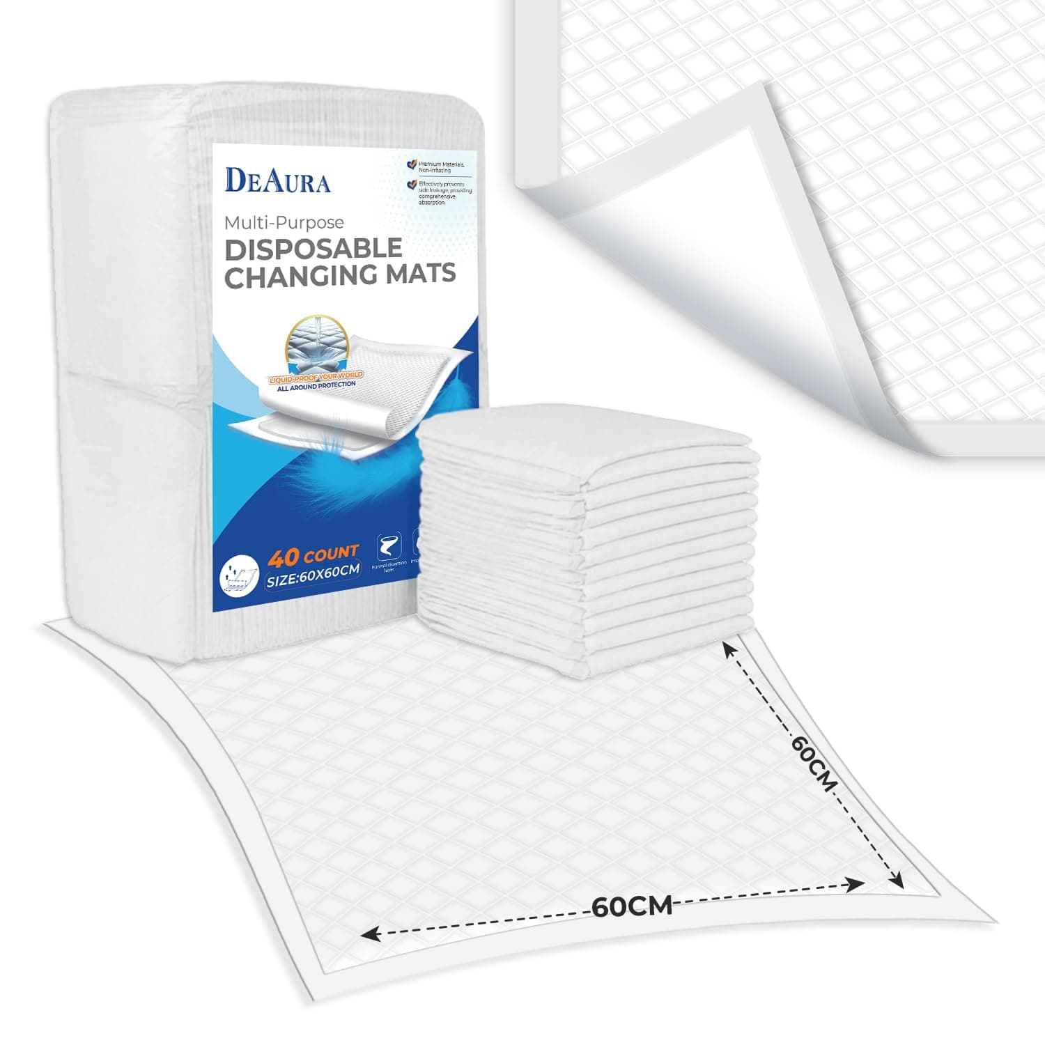 Premium Disposable Changing Pads Baby (40 pack, 60 x 60cm) – Portable Baby Changing Mat for Busy Parents – Hygienic Disposable Diaper Changing Mat – Extra Soft & Absorbent Disposable Changing Mat Baby