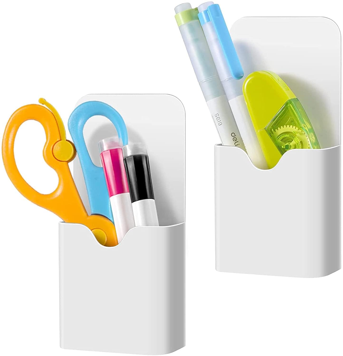 ELECDON Magnetic Marker Holder, Pen Holder for Whiteboard or Fridge, Magnet Pencil Cup Storage Organizer for School, Office, Home, Locker and Metal Cabinets, 2 Pack (White)