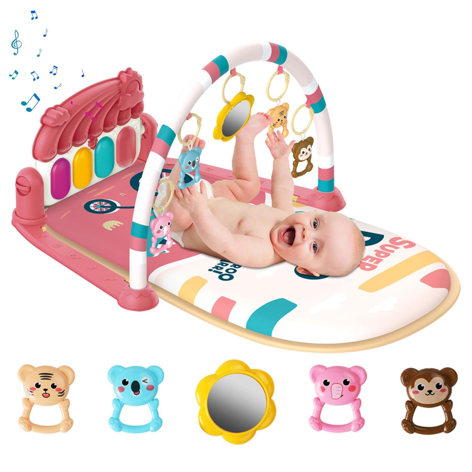 Baby Play Mat Baby Gym, Baby Piano Fitness Playmat, Piano Tummy Time Baby Activity Gym Mat, 3 in 1 Fitness Music and Light Fun Piano Play Mat for 0-36 Months Girl Boy (Pink)
