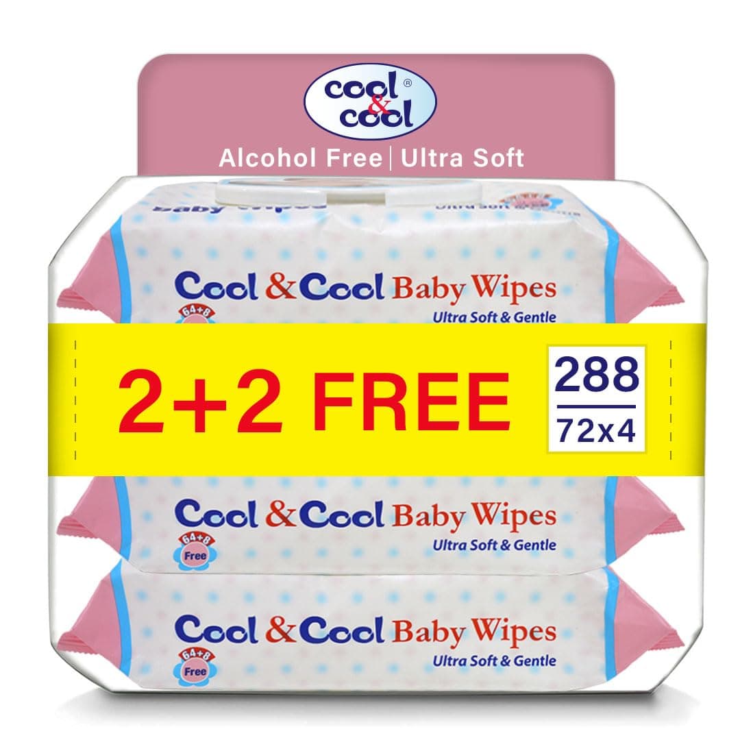 Cool & Cool Baby Wipes 72’s (Pack of 4) - Alcohol Free,Paraben Free,Vitamin E,Aloe Vera,Ultra Soft & Gentle for Sensitive & Delicate Skin - 288 Wipes