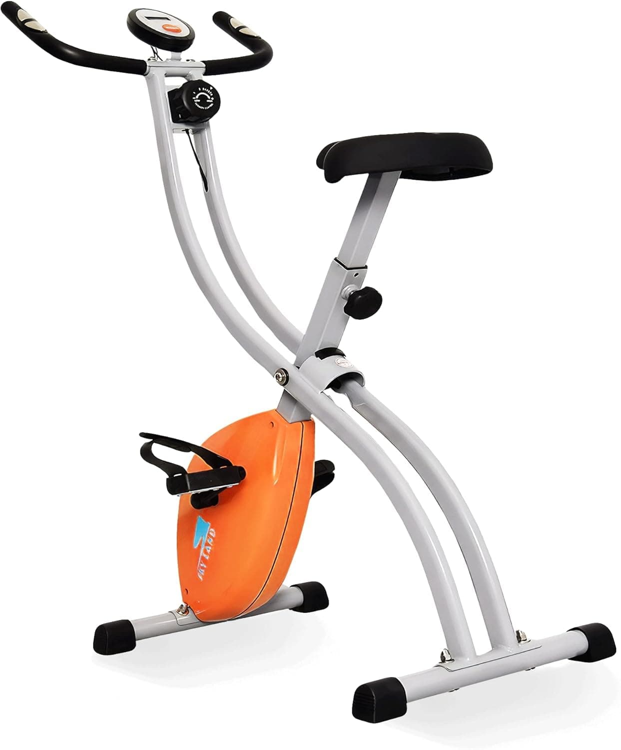 SKY LAND Foldable Upright Exercise Bike with 8-Level Resistance | Stationary Fitness X Bike for Home Workouts | Adjustable Seat, LCD Display, and Compact Design | Supports 100kg - EM-1539 (Orange)