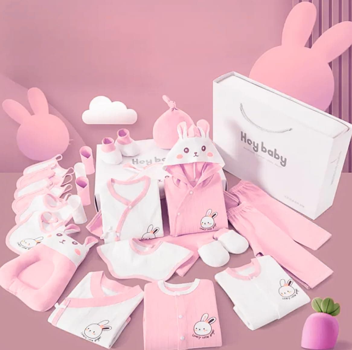Voie 22-Piece Rabbit-themed Newborn Baby Boy Gift Set for All Seasons - Pink (Pink)