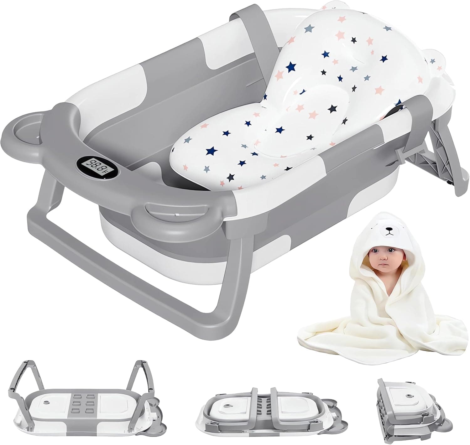 Collapsible Baby Bathtub, Baby Bath Essentials Baby Bathtub, Newborn to Toddler Portable Travel Multifunctional Baby Bath Tub with Non-Slip Mat, Drain Hole