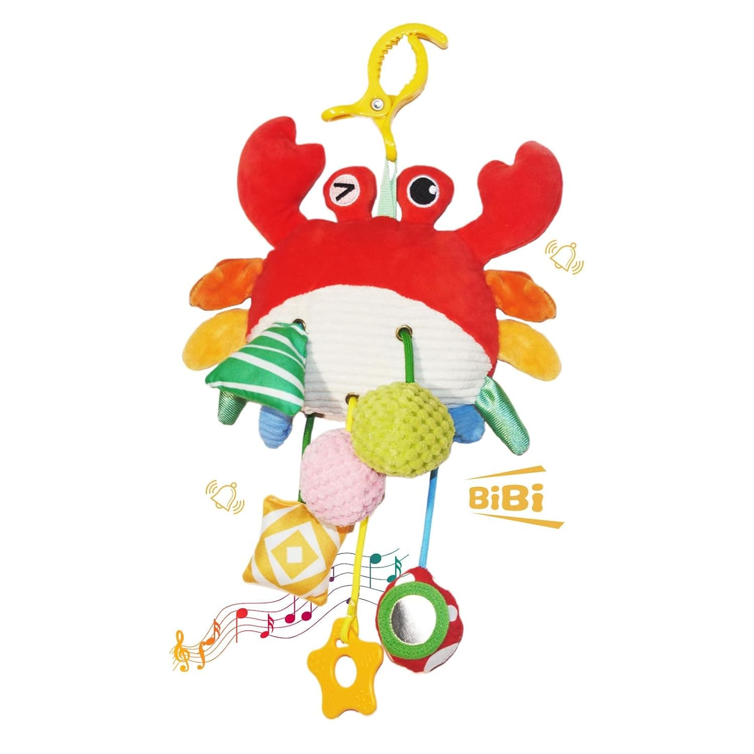 Red Crab Baby Toy - Clip-On Hanging Sensory Toy for Car Seat, Stroller, Gym with Squeaker, Crinkle, Rattle, Mirror & Teether | Soft Plush 0-12 Months Infant Developmental Toy for Tummy Time (Red)