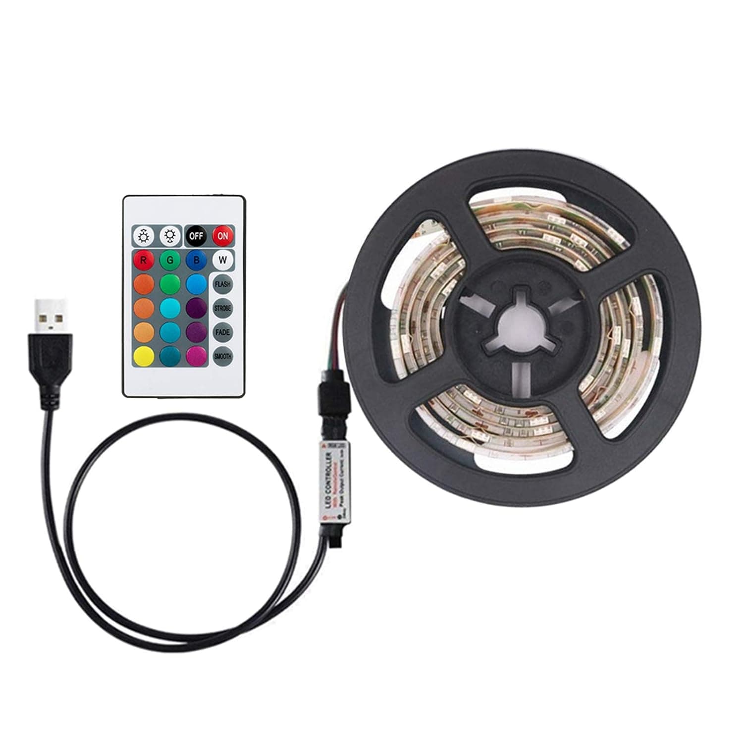 Labymos DC5V 10W 2M 120 LEDs RGB Strip Light with Remote Control USB Powered Operated Brightness Adjustable Dimmable 16 Colors Multi-colored C Flash Strobe Fade Smooth 4 Lighting Modes IP65 Water Resi