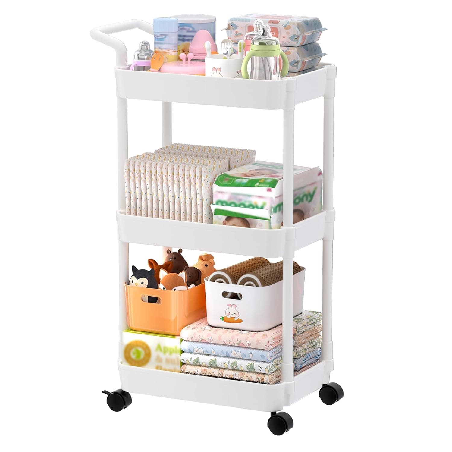 Volnamal Baby Diaper Caddy, Plastic Movable Cart for Newborn Nursery Essentials Diaper Storage Caddy Organizer for Changing Table & Crib, Easy to Assemble, Beige | Movable & Easy Assemble Cart for Newborn Nursery Essentials, Diaper Storage Organizer for Changing Table&Crib, Baby Registry