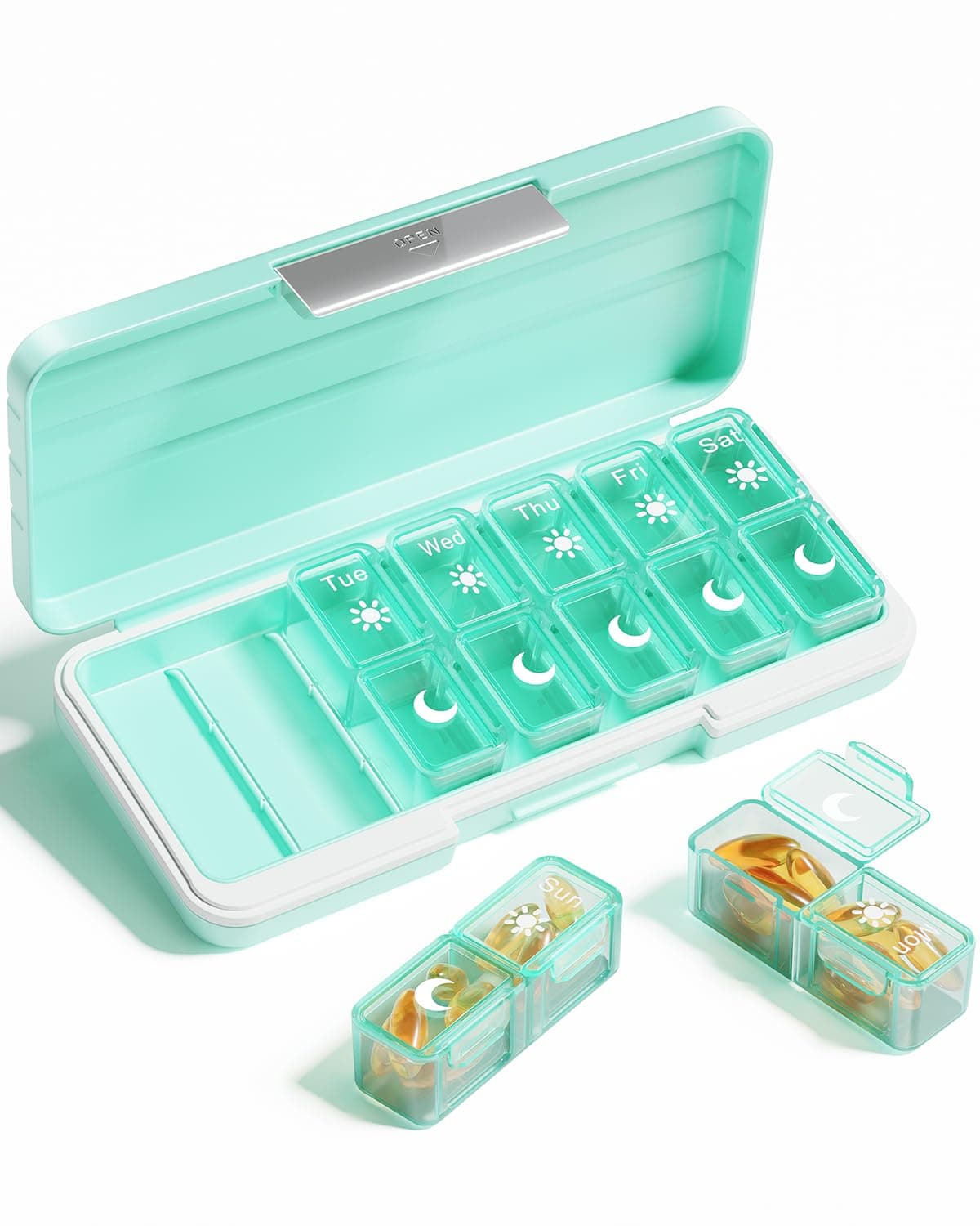 Betife Weekly Pill Organizer 2 Times a Day,7 Day Travel Pill Box,AM/PM Pill case for Vitamins, Medication, Supplements and Fish Oils (Green)