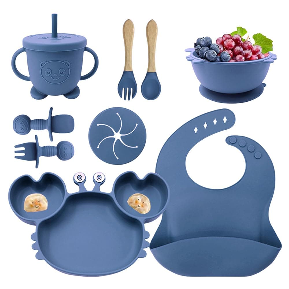 BOOM Silicone Baby Feeding Set, 9 Pack Led Weaning Utensils, Suction Bowl, Divided Plate, Spoons, Forks, Sippy Cup, Adjustable Bib, BPA Free Supplies (Dark Blue)