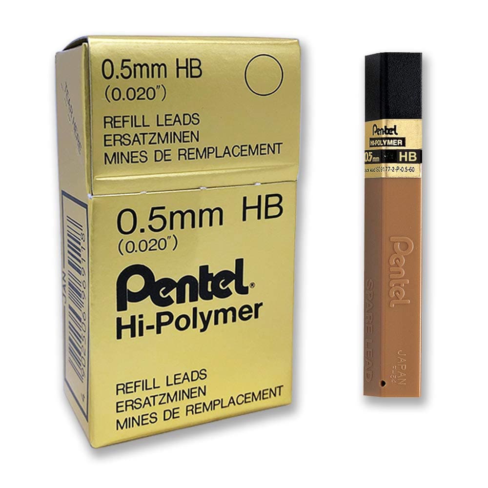 Pentel Super Hi-Polymer Lead Refill 0.5mm HB Grade, 12 Leads Per Tube, Box of 12 Tubes, Total 144 Leads (100C-HB)